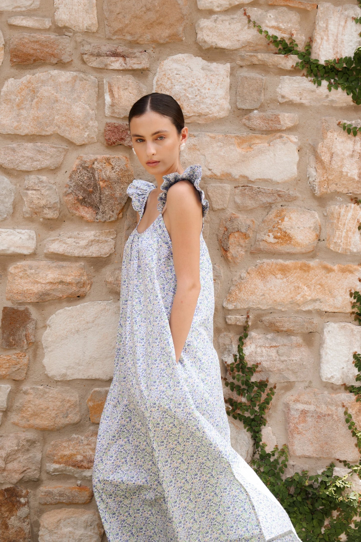 Indah Wing Nightie - Long - Cotton - Floret Blue
