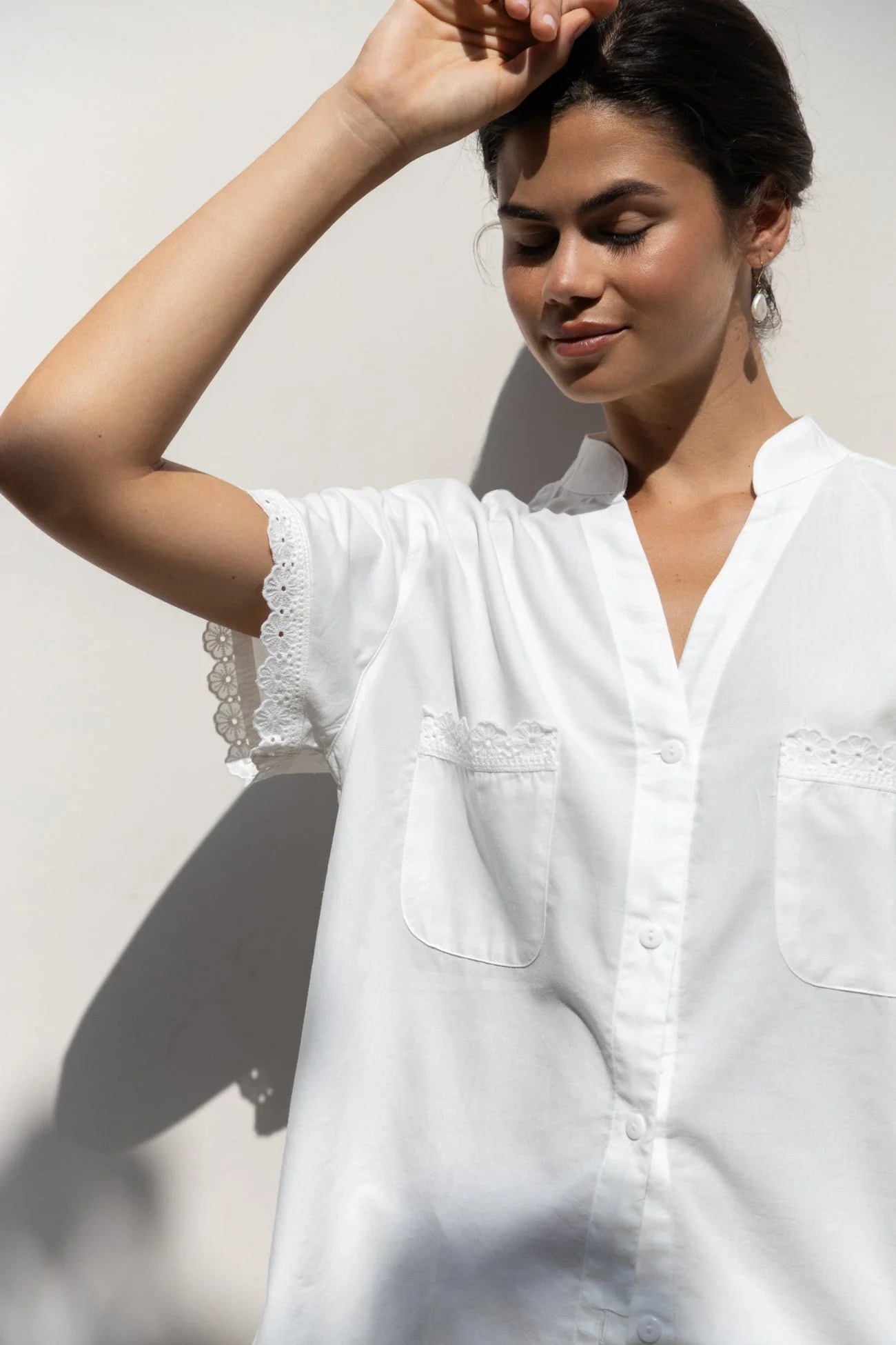 Maggie Pyjama Set - Long Pants - Off White Cotton Modal + Daisy Trim
