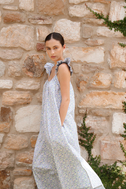 Indah Wing Nightie - Long - Cotton - Floret Blue