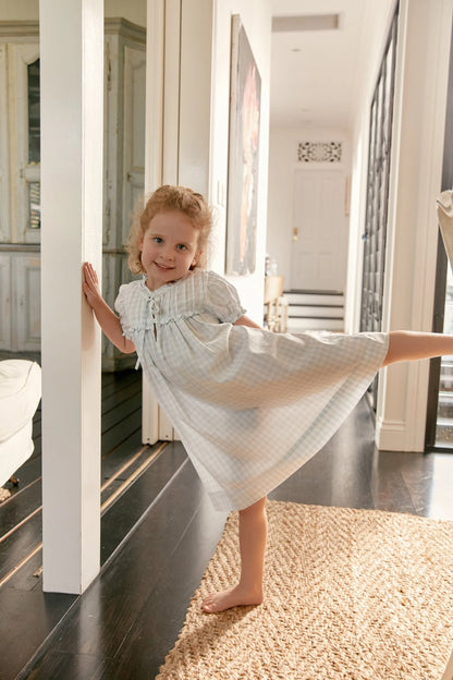 Girls Lounge Dress - Gingham Pale Blue