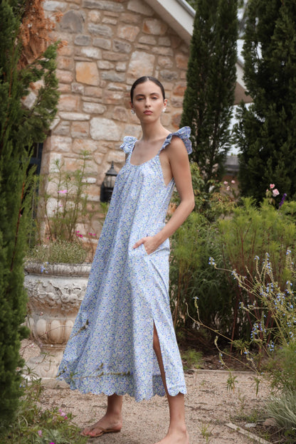 Indah Wing Nightie - Long - Cotton - Floret Blue