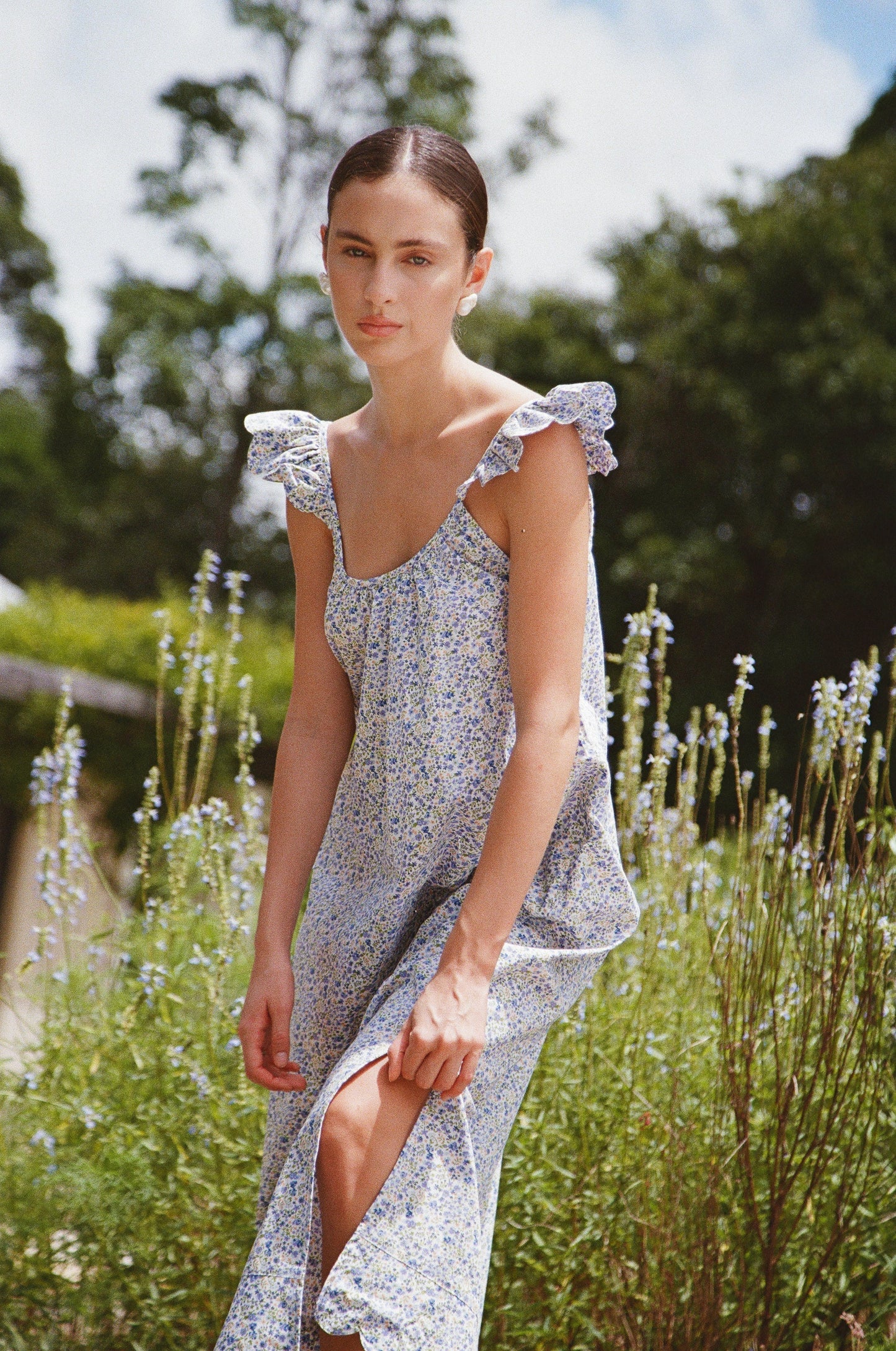 Indah Wing Nightie - Long - Cotton - Floret Blue