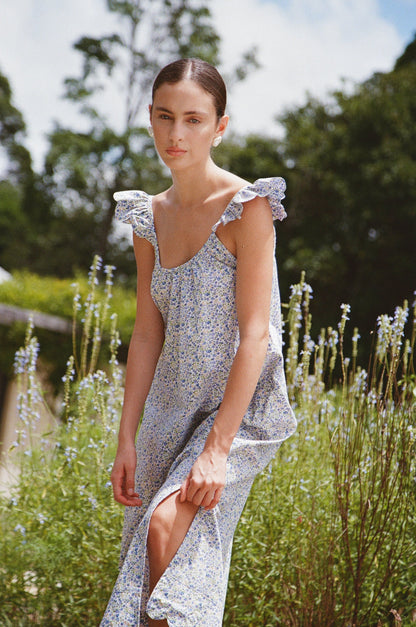 Indah Wing Nightie - Long - Cotton - Floret Blue