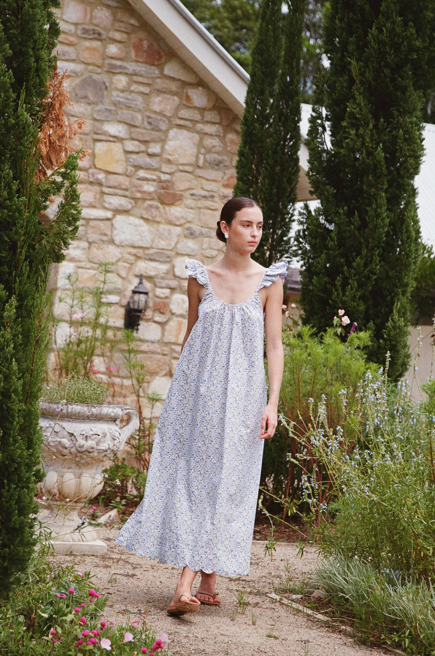 Indah Wing Nightie - Long - Cotton - Floret Blue