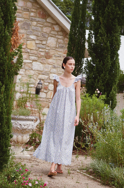Indah Wing Nightie - Long - Cotton - Floret Blue