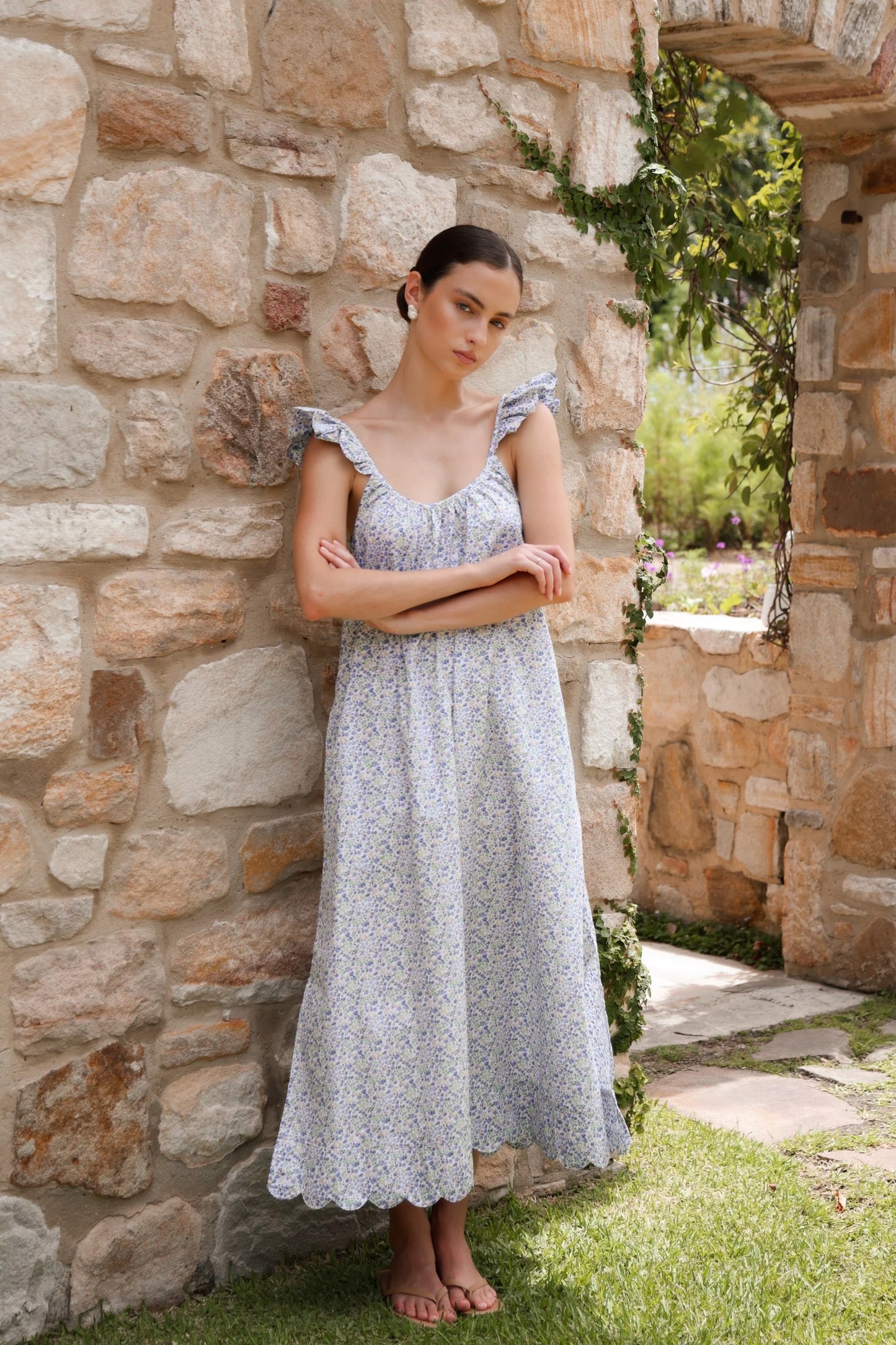 Indah Wing Nightie - Long - Cotton - Floret Blue