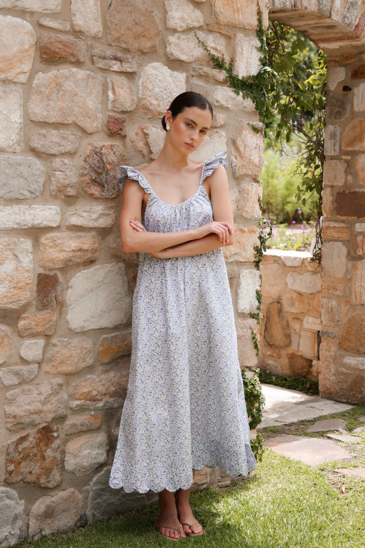 Indah Wing Nightie - Long - Cotton - Floret Blue