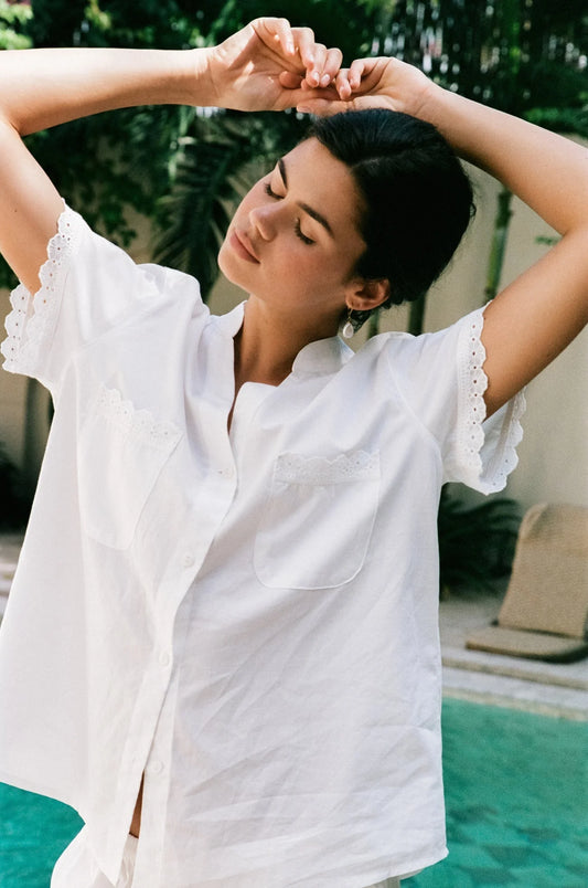 Maggie Pyjama Set - Long Pants - Off White Cotton Modal + Daisy Trim