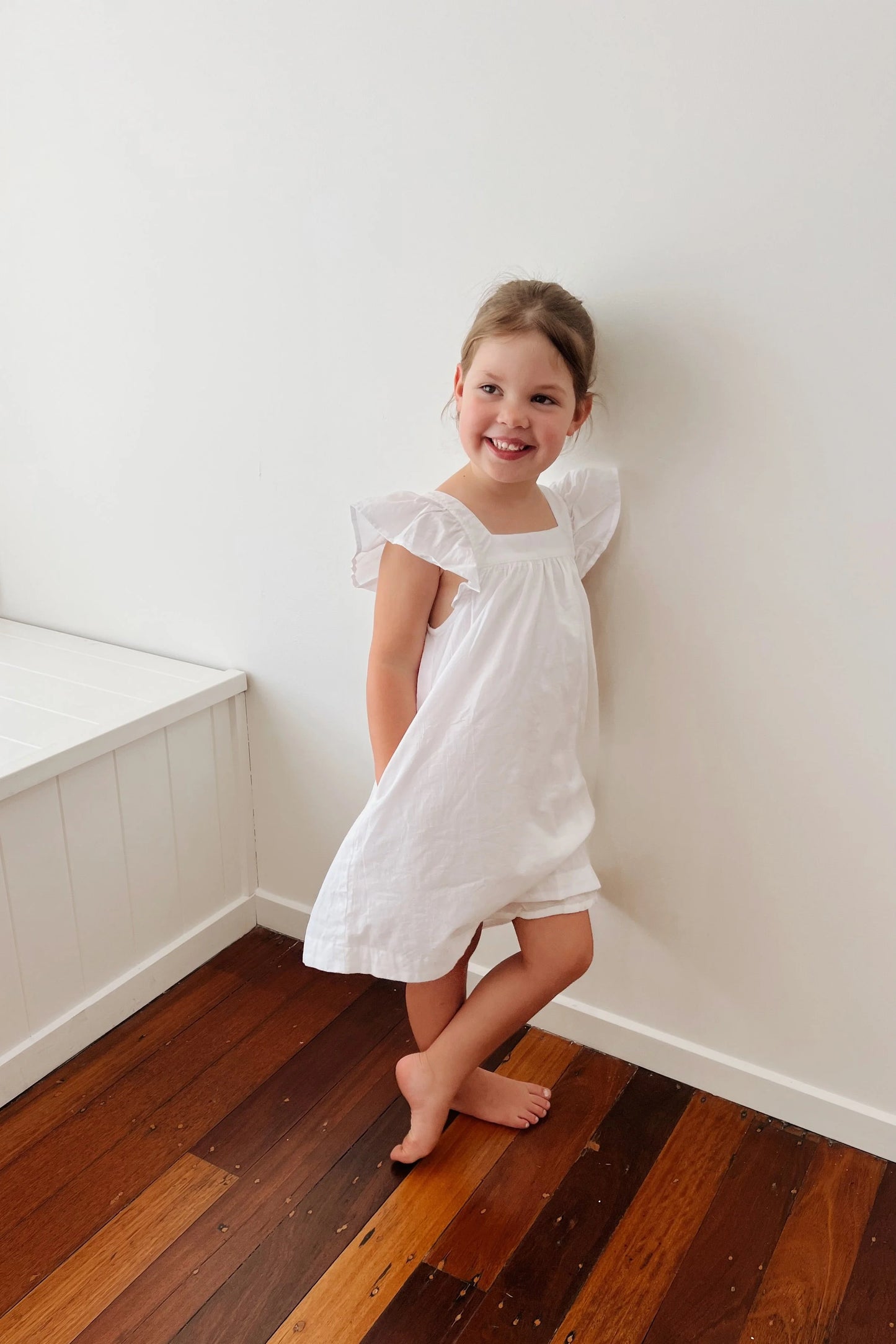 Girls Harriet Lounge Dress - White Washed Cotton