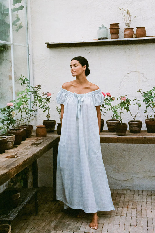 Lily Lounge Dress - Long - Cotton - Gingham Pale Blue