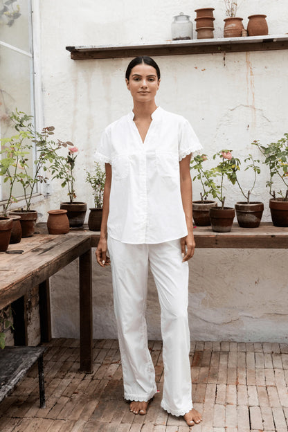 Maggie Pyjama Set - Long Pants - Off White Cotton Modal + Daisy Trim